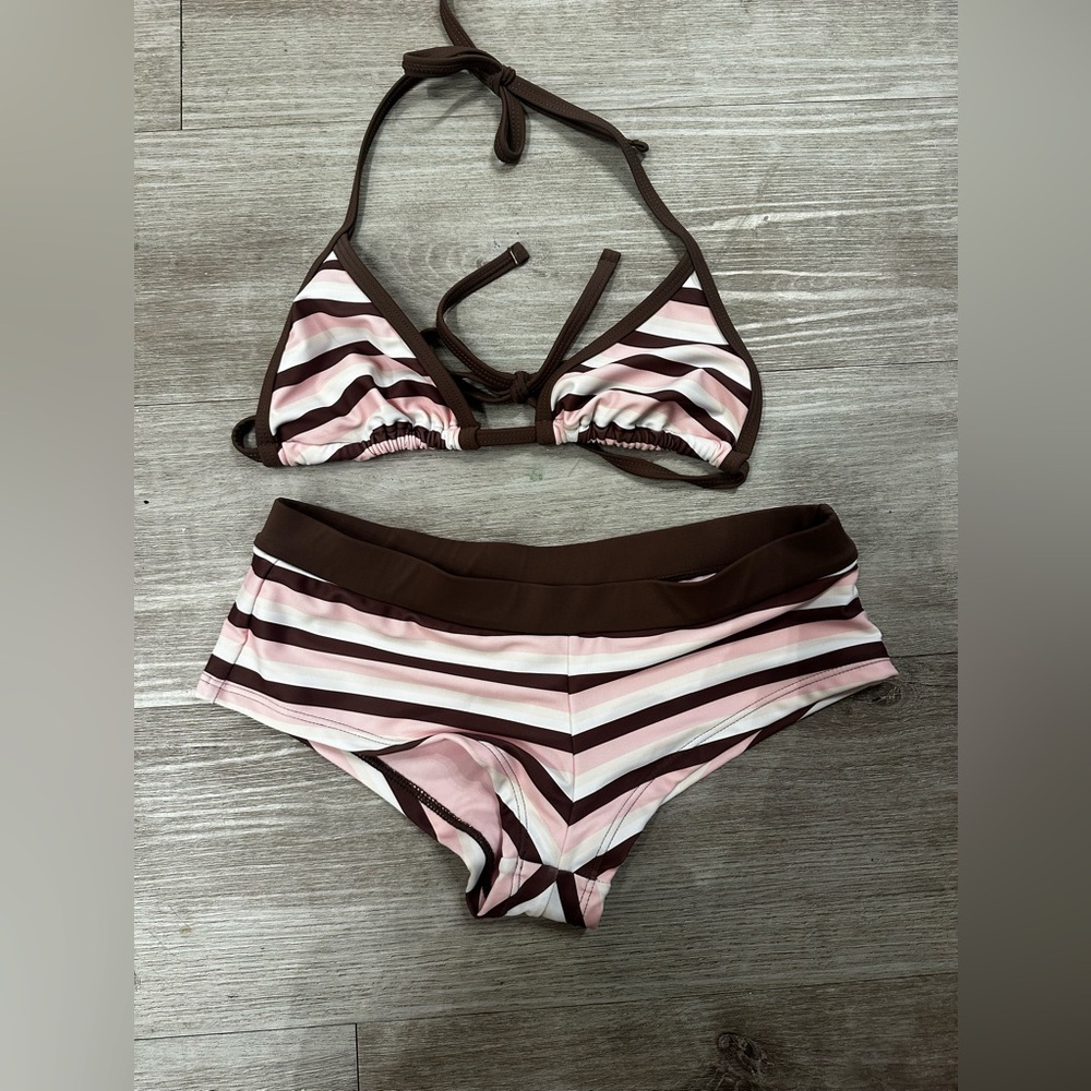Seamolly Brown Pink Striped Bikini Set Size Small